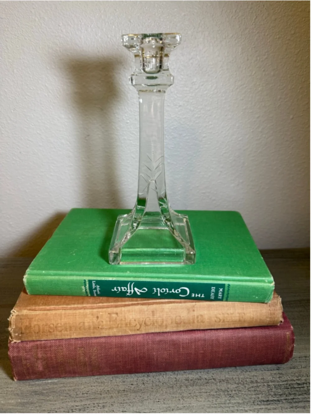 Vintage Clear Glass Candlestick 7.25” Square Base Etched Starburst